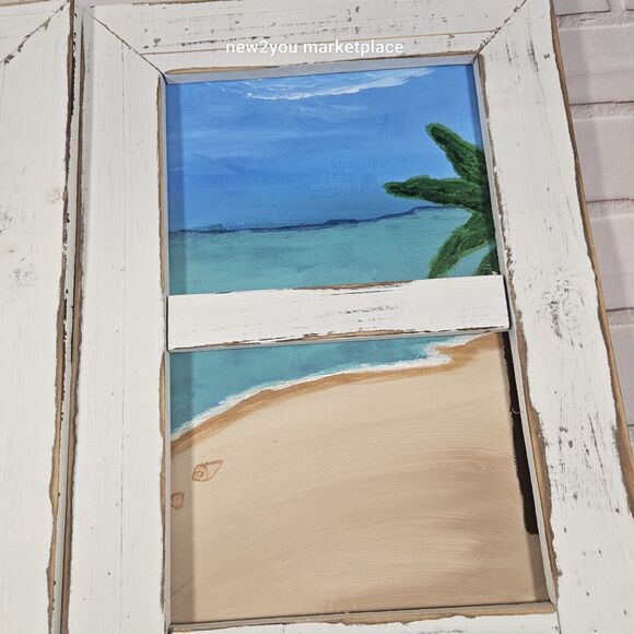 hand painted /made distressed wood frame beach scene canvas duo painting artwork - Picture 6 of 13